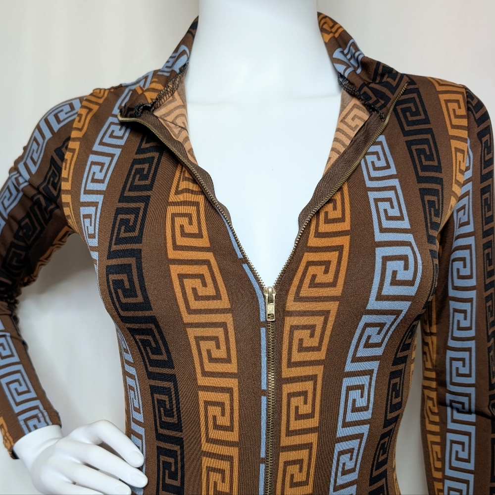 Greek Key Pattern Brown & Light Blue Half Zip Mock Neck Long Sleeve Jumpsuit - Picture 8 of 11